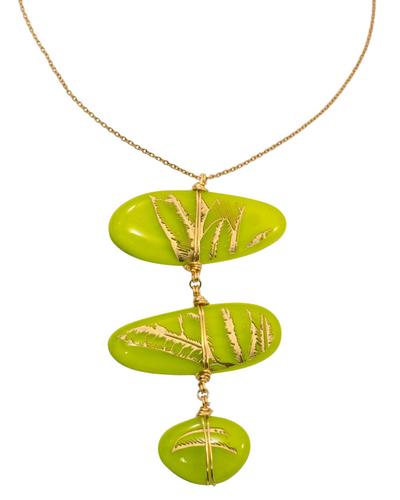 Three Piece Handmade Fused Glass Necklace - Green Tropical Leaves