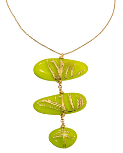 Three Piece Handmade Fused Glass Necklace - Green Tropical Leaves