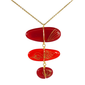 Three Piece Handmade Fused Glass Necklace - Red Hummingbird