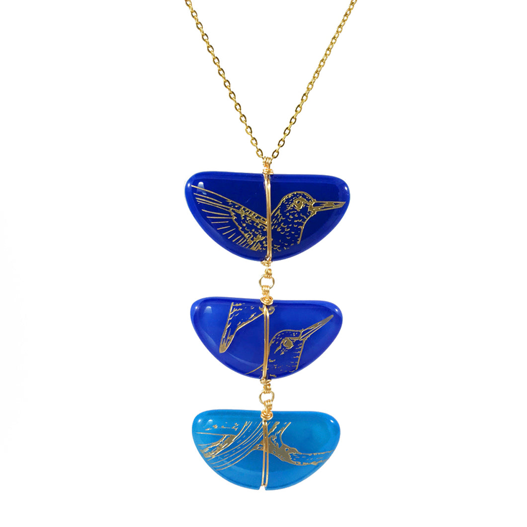 Three Piece Glass Art Necklace - Blue, Hummingbird Engraving