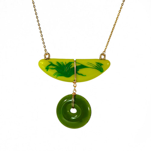 Collar de dos piezas de vidrio fundido con vidrio reciclado - Grabado de raíces de orquídea, verde