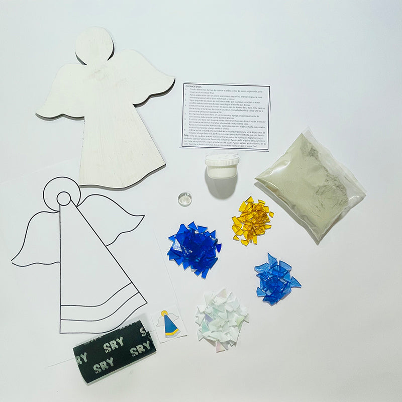 Manualidades: Kit para armar mosaico con vidrio, ángel de la guarda - Color Azul